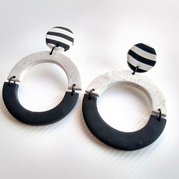 Black and White Statement Hoop Earrings - Picture 2 of 6
